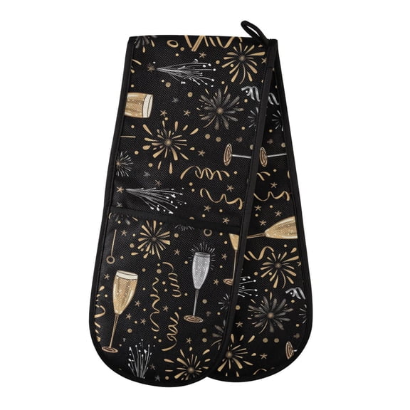 Dailycode Double Sided Oven Mitt with Loop Heat Resistant Kitchen Long Potholders 7" x 35" Champagne Fireworks and Glasses