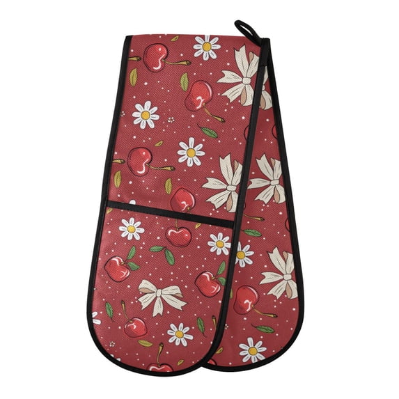 Dailycode Double Sided Oven Mitt with Loop Heat Resistant Kitchen Long Potholders 7" x 35" Cherry Bow with Daisy Flower
