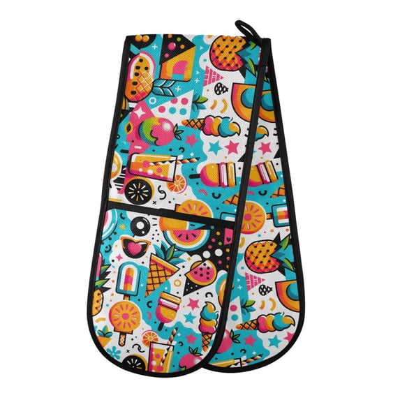 Dailycode Double Sided Oven Mitt with Loop Heat Resistant Kitchen Long Potholders 7" x 35" Colorful Fruit and Ice Cream