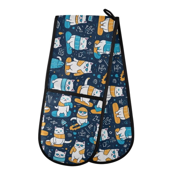 Dailycode Double Sided Oven Mitt with Loop Heat Resistant Kitchen Long Potholders 7" x 35" Cool Cats on Surfboard