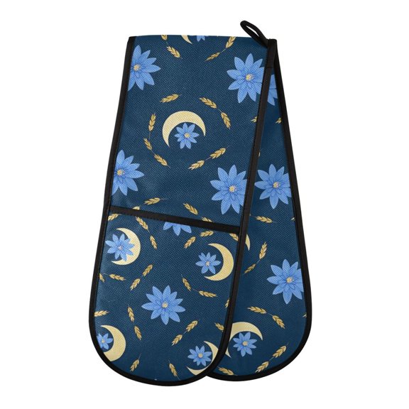 Dailycode Double Sided Oven Mitt with Loop Heat Resistant Kitchen Long Potholders 7" x 35" Crescent Moons Flower Wheat