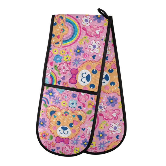 Dailycode Double Sided Oven Mitt with Loop Heat Resistant Kitchen Long Potholders 7" x 35" Cute Bear with Flower and Rainbow