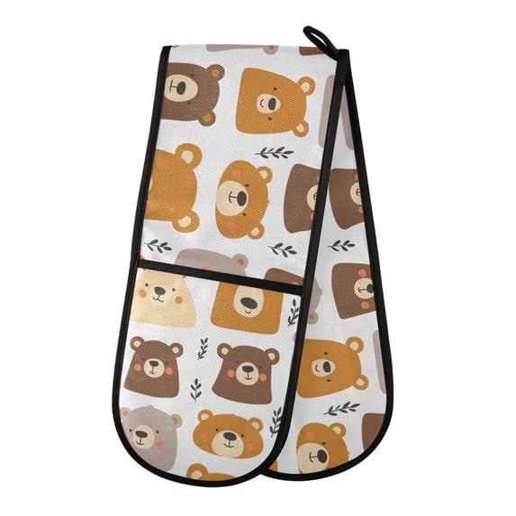 Dailycode Double Sided Oven Mitt with Loop Heat Resistant Kitchen Long Potholders 7" x 35" Cute Bears Face and Leaf