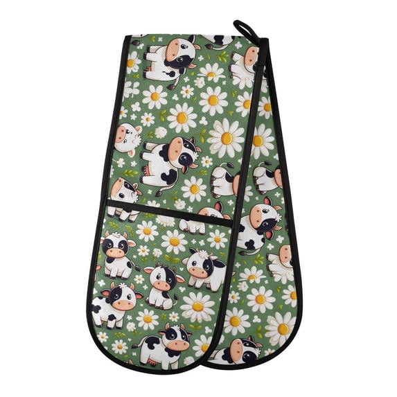 Dailycode Double Sided Oven Mitt with Loop Heat Resistant Kitchen Long Potholders 7" x 35" Cute Cow and Daisy