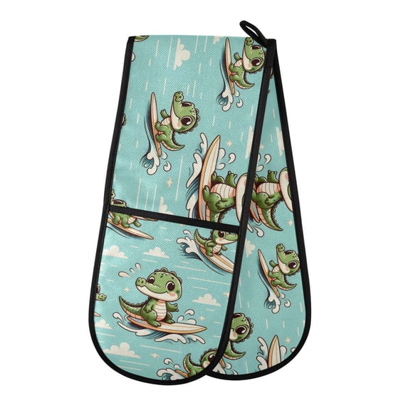Dailycode Double Sided Oven Mitt with Loop Heat Resistant Kitchen Long Potholders 7" x 35" Cute Crocodile Surfing