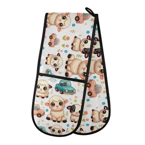 Dailycode Double Sided Oven Mitt with Loop Heat Resistant Kitchen Long Potholders 7" x 35" Cute Lamb and Car
