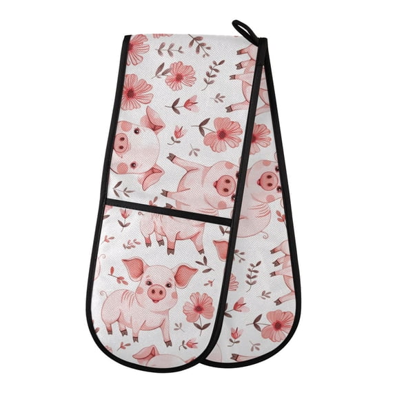 Dailycode Double Sided Oven Mitt with Loop Heat Resistant Kitchen Long Potholders 7" x 35" Cute Pig with Flower