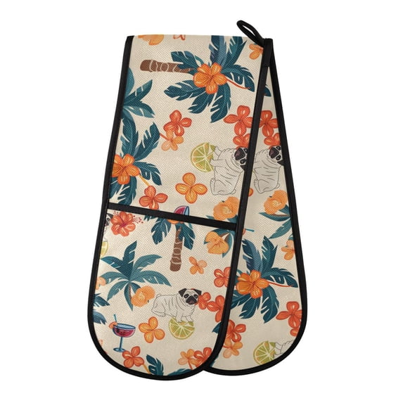 Dailycode Double Sided Oven Mitt with Loop Heat Resistant Kitchen Long Potholders 7" x 35" Cute Pug Dog and Flower