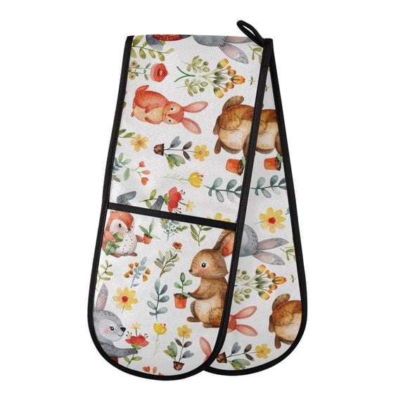 Dailycode Double Sided Oven Mitt with Loop Heat Resistant Kitchen Long Potholders 7" x 35" Cute Rabbits and Flowers