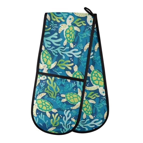 Dailycode Double Sided Oven Mitt with Loop Heat Resistant Kitchen Long Potholders 7" x 35" Cute Turtles and Seaweed