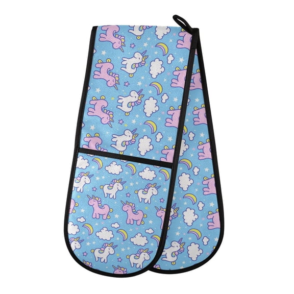 Dailycode Double Sided Oven Mitt with Loop Heat Resistant Kitchen Long Potholders 7" x 35" Cute Unicorn with Cloud