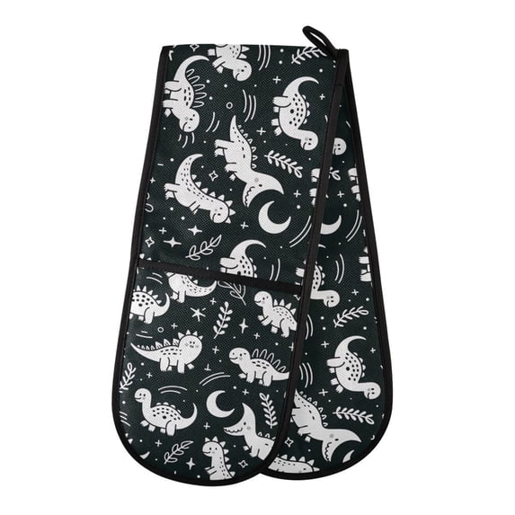 Dailycode Double Sided Oven Mitt with Loop Heat Resistant Kitchen Long Potholders 7" x 35" Cute White Lined Dinosaur