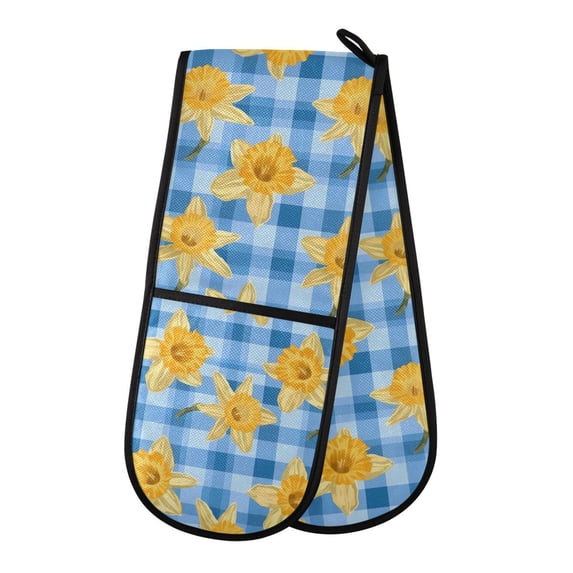 Dailycode Double Sided Oven Mitt with Loop Heat Resistant Kitchen Long Potholders 7" x 35" Daffodils Flower on Checkered