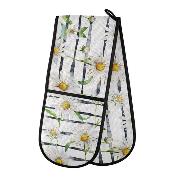 Dailycode Double Sided Oven Mitt with Loop Heat Resistant Kitchen Long Potholders 7" x 35" Daisy Flower on Black White Stripes