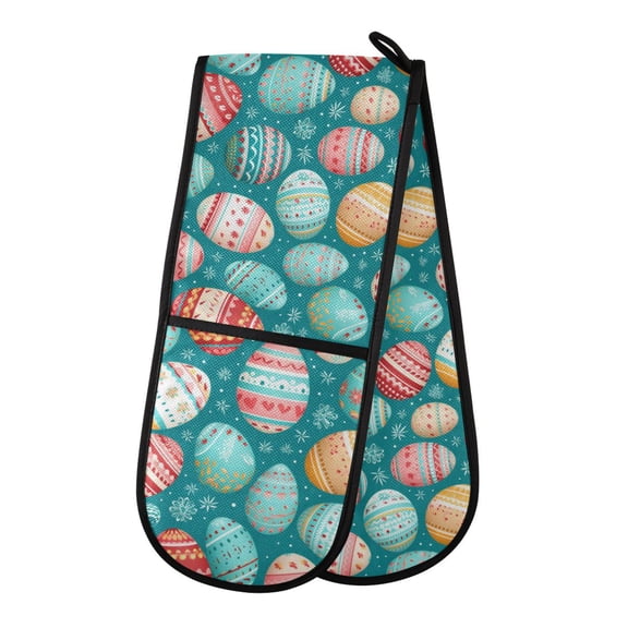 Dailycode Double Sided Oven Mitt with Loop Heat Resistant Kitchen Long Potholders 7" x 35" Easter Eggs with Snow