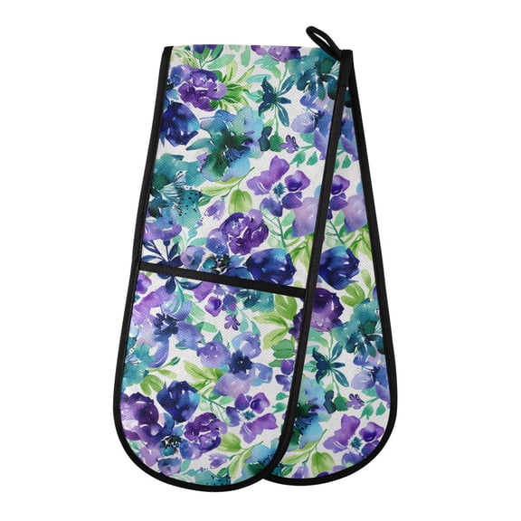 Dailycode Double Sided Oven Mitt with Loop Heat Resistant Kitchen Long Potholders 7" x 35" Elegant Floral and Green Leaves