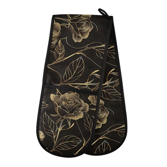 Dailycode Double Sided Oven Mitt with Loop Heat Resistant Kitchen Long Potholders 7" x 35" Elegant Rose Flower and Leaves