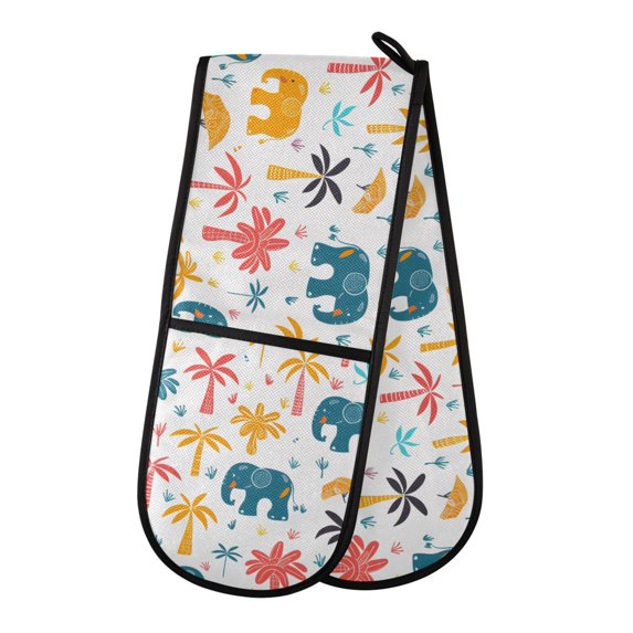 Dailycode Double Sided Oven Mitt with Loop Heat Resistant Kitchen Long Potholders 7" x 35" Elephants and Palms Trees