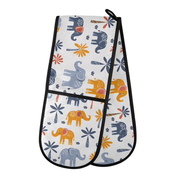 Dailycode Double Sided Oven Mitt with Loop Heat Resistant Kitchen Long Potholders 7" x 35" Elephants with Palms Trees