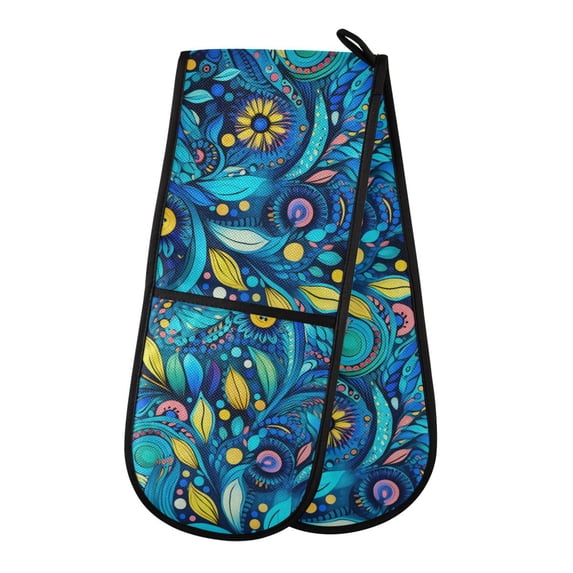 Dailycode Double Sided Oven Mitt with Loop Heat Resistant Kitchen Long Potholders 7" x 35" Fantasy Doodle Art Leaf