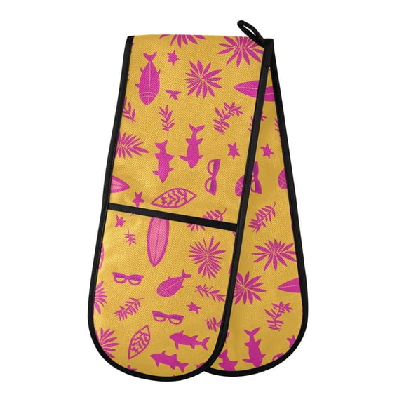 Dailycode Double Sided Oven Mitt with Loop Heat Resistant Kitchen Long Potholders 7" x 35" Fish Sunglasses Leaf Surfboard