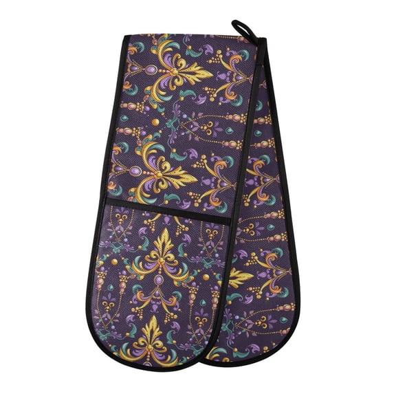 Dailycode Double Sided Oven Mitt with Loop Heat Resistant Kitchen Long Potholders 7" x 35" Fleur De Lis and Beads