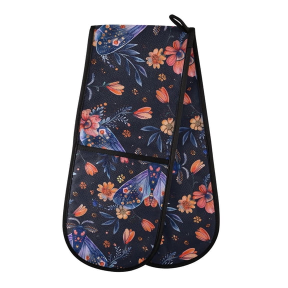 Dailycode Double Sided Oven Mitt with Loop Heat Resistant Kitchen Long Potholders 7" x 35" Floral Moths and Flower