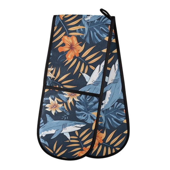 Dailycode Double Sided Oven Mitt with Loop Heat Resistant Kitchen Long Potholders 7" x 35" Flower and Shark