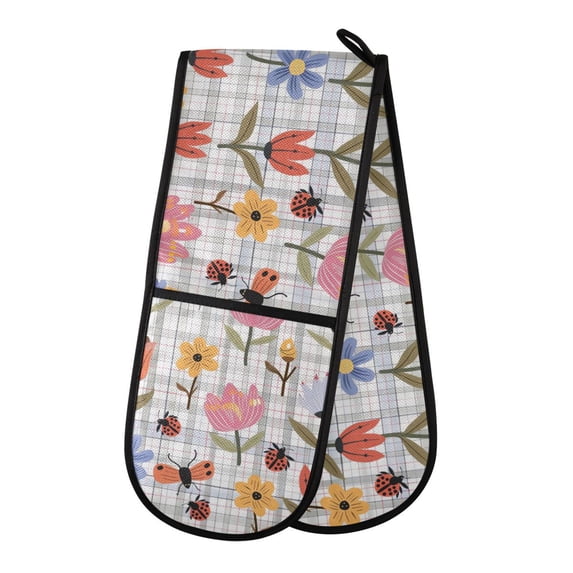 Dailycode Double Sided Oven Mitt with Loop Heat Resistant Kitchen Long Potholders 7" x 35" Flowers and Ladybirds