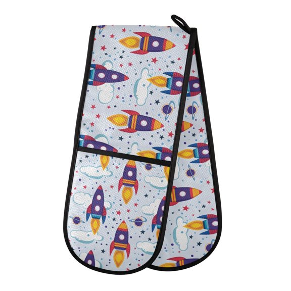Dailycode Double Sided Oven Mitt with Loop Heat Resistant Kitchen Long Potholders 7" x 35" Flying Rocket and Cloud
