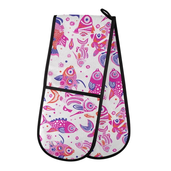 Dailycode Double Sided Oven Mitt with Loop Heat Resistant Kitchen Long Potholders 7" x 35" Folk Cartoon Playful Fish