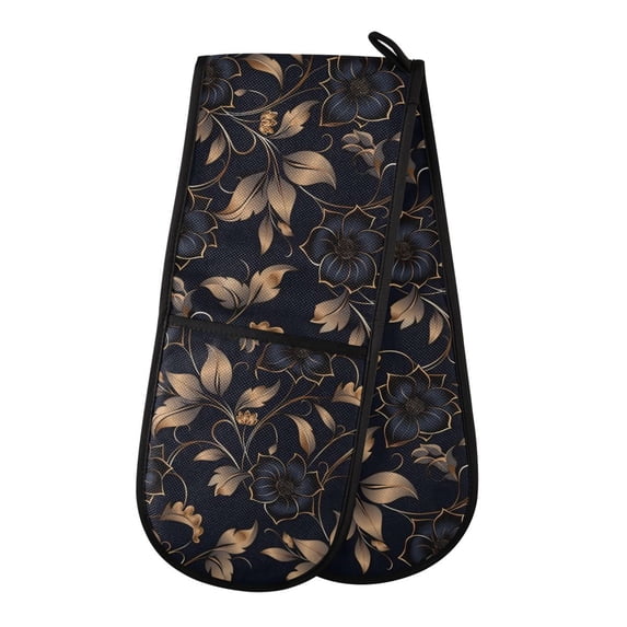 Dailycode Double Sided Oven Mitt with Loop Heat Resistant Kitchen Long Potholders 7" x 35" Gold Leaves and Elegant Flower