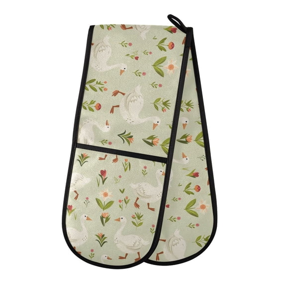 Dailycode Double Sided Oven Mitt with Loop Heat Resistant Kitchen Long Potholders 7" x 35" Gooses with Flowers Leaf