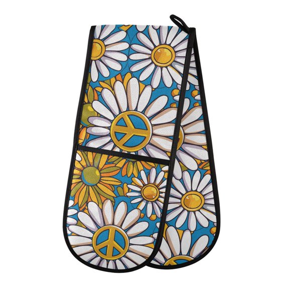 Dailycode Double Sided Oven Mitt with Loop Heat Resistant Kitchen Long Potholders 7" x 35" Groovy Daisy Flower and Peace Symbol