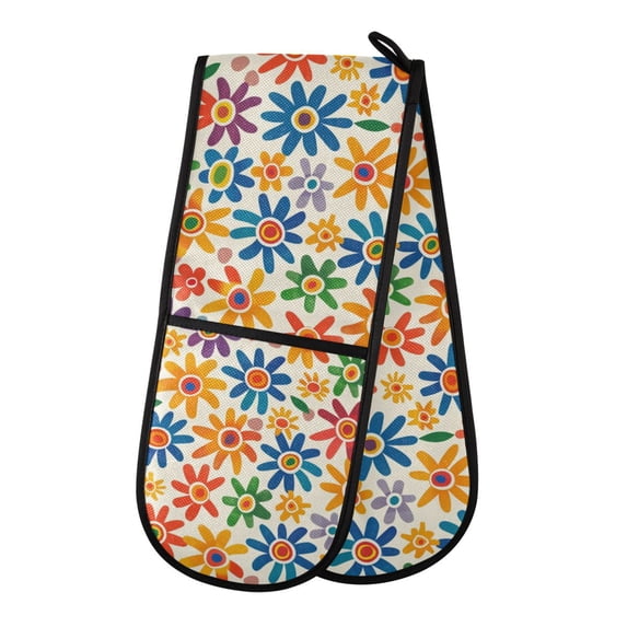 Dailycode Double Sided Oven Mitt with Loop Heat Resistant Kitchen Long Potholders 7" x 35" Hand Drawn Colorful Flower