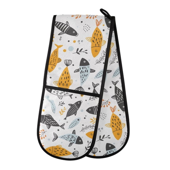 Dailycode Double Sided Oven Mitt with Loop Heat Resistant Kitchen Long Potholders 7" x 35" Hand Drawn Doodle Fish