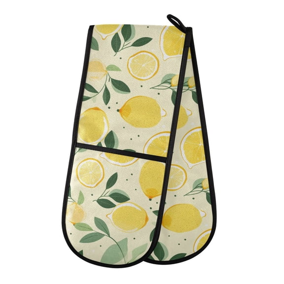 Dailycode Double Sided Oven Mitt with Loop Heat Resistant Kitchen Long Potholders 7" x 35" Hand Drawn Lemon and Leaf