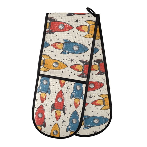 Dailycode Double Sided Oven Mitt with Loop Heat Resistant Kitchen Long Potholders 7" x 35" Hand Drawn Rocket