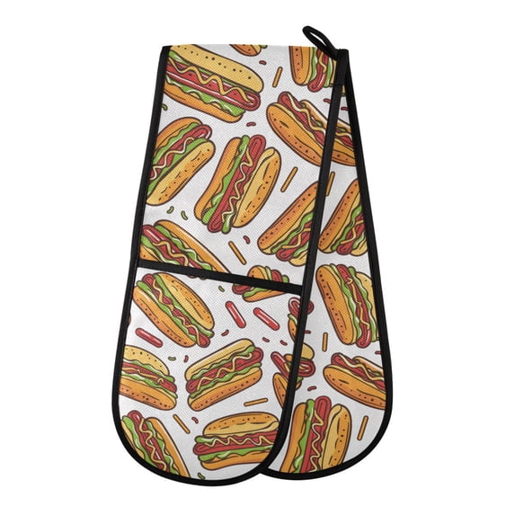 Dailycode Double Sided Oven Mitt with Loop Heat Resistant Kitchen Long Potholders 7" x 35" Hand-drawn Hot Dog