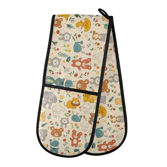 Dailycode Double Sided Oven Mitt with Loop Heat Resistant Kitchen Long Potholders 7" x 35" Happy Animal and Plant