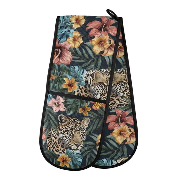 Dailycode Double Sided Oven Mitt with Loop Heat Resistant Kitchen Long Potholders 7" x 35" Leopard in Leaves Flower