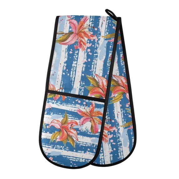 Dailycode Double Sided Oven Mitt with Loop Heat Resistant Kitchen Long Potholders 7" x 35" Lily Flowers on Stripe