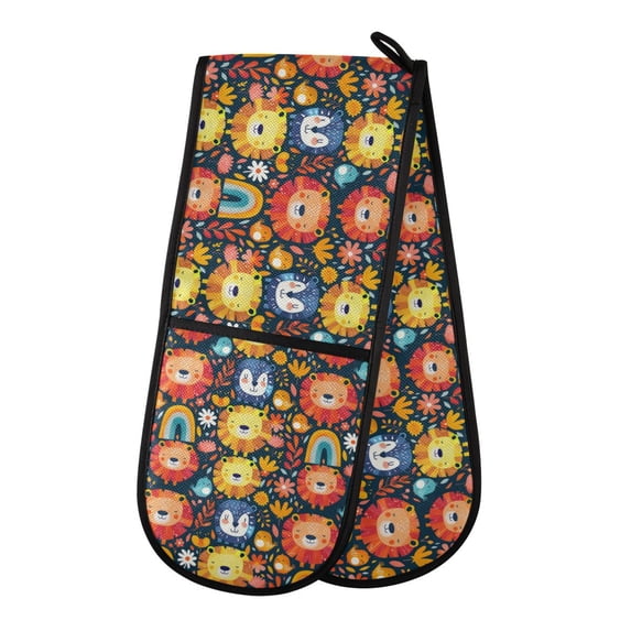 Dailycode Double Sided Oven Mitt with Loop Heat Resistant Kitchen Long Potholders 7" x 35" Lion Face Bird Rainbow