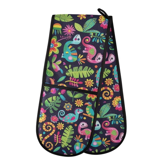 Dailycode Double Sided Oven Mitt with Loop Heat Resistant Kitchen Long Potholders 7" x 35" Lizard and Leaf