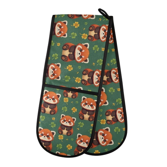 Dailycode Double Sided Oven Mitt with Loop Heat Resistant Kitchen Long Potholders 7" x 35" Lucky Red Panda Leaf