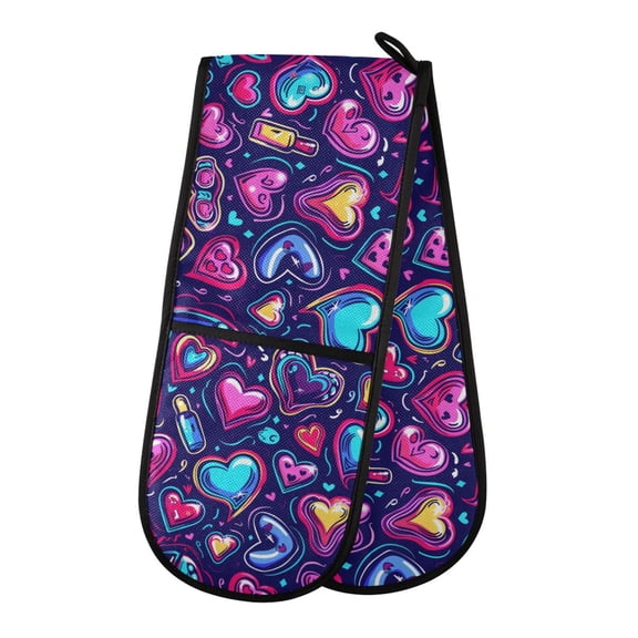 Dailycode Double Sided Oven Mitt with Loop Heat Resistant Kitchen Long Potholders 7" x 35" Neon Funny Cartoon Hearts