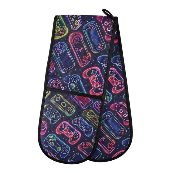 Dailycode Double Sided Oven Mitt with Loop Heat Resistant Kitchen Long Potholders 7" x 35" Neon Gaming Joystick
