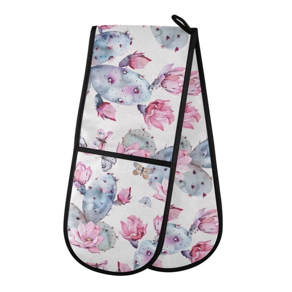 Dailycode Double Sided Oven Mitt with Loop Heat Resistant Kitchen Long Potholders 7" x 35" Opuntia Cactus Moths Butterfly