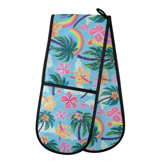 Dailycode Double Sided Oven Mitt with Loop Heat Resistant Kitchen Long Potholders 7" x 35" Palm Tree Flower Rainbow