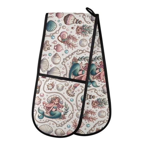 Dailycode Double Sided Oven Mitt with Loop Heat Resistant Kitchen Long Potholders 7" x 35" Pearl Shell Mermaid Plant